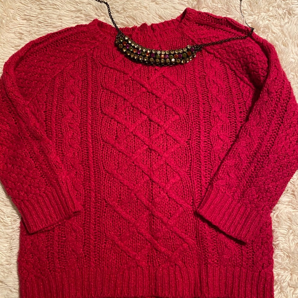 Hot Pink 3/4 Sleeve Cable knit Sweater